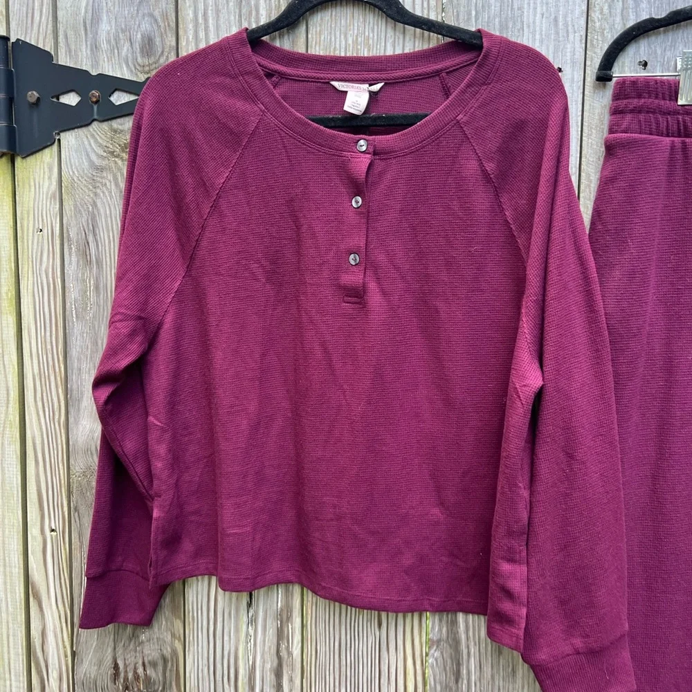 VICTORIAS SECRET Waffle Knit Wine Pajama Set Women’s Medium NWT NEW Flat